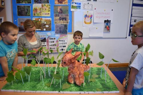 Tworzenie makiety lasu z tekturek, farb, słomek, liści i rzeźby wykonanej z gipsu przez dzieci